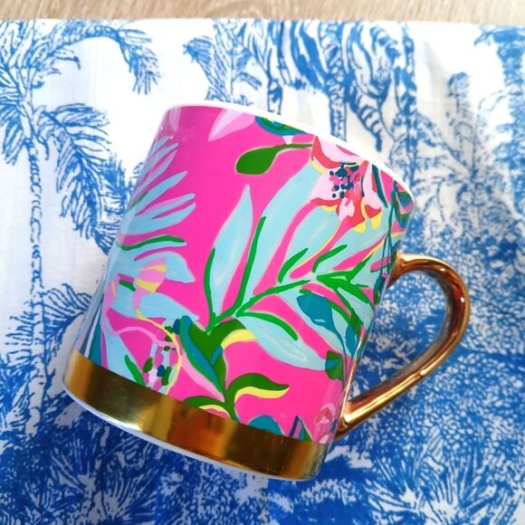Authentic Lilly Pulitzer Coffee Mug Vibrant Floral Pink Gold "I'm Feline Fine" - Picture 2 of 8